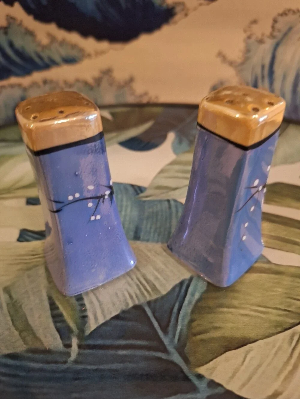 1970s Retro Lusterware Blue Floral Ceramic Salt & Pepper Shakers